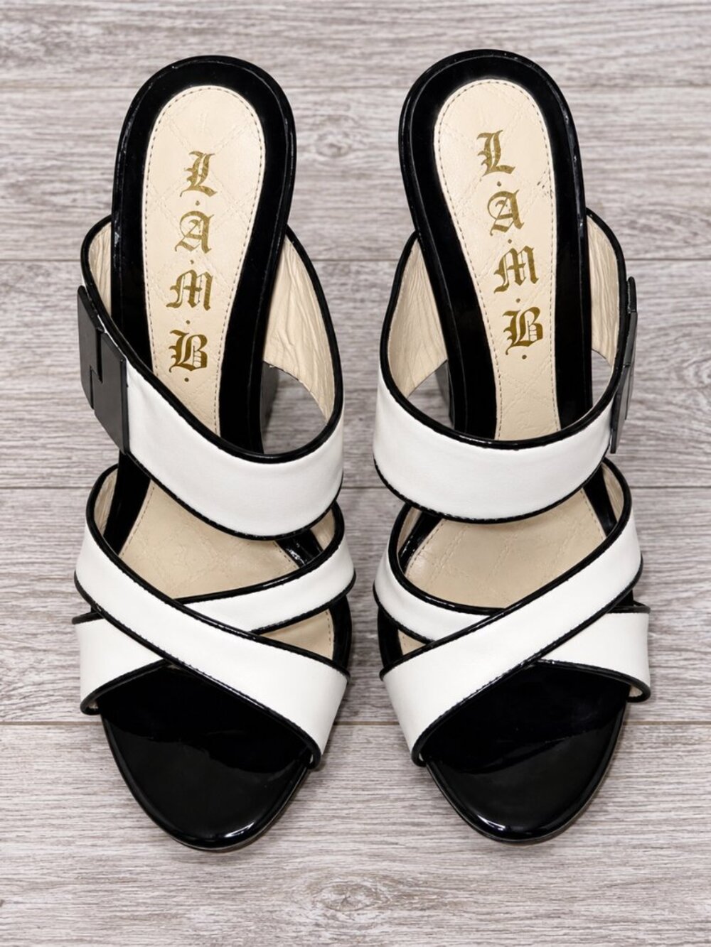 L.A.M.B. Gwen Stefani Sandra Black White Leather Mule Heels Size 8